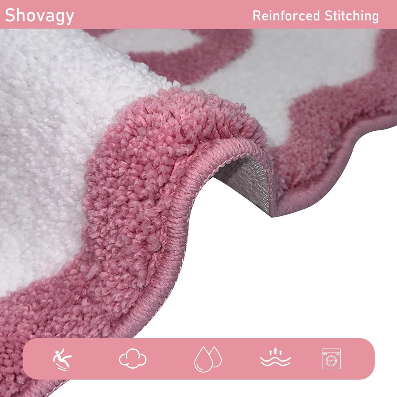 Scalloped Bath Mat Pink Bow Bathroom Rugs Extra Soft Cute Preppy Aesthetic Decor Bath Rug Water Absorbent Quick Dry Non Slip Bath Mats for Bathroom Tub Sink Shower Floor Carpet, 20" x 32"