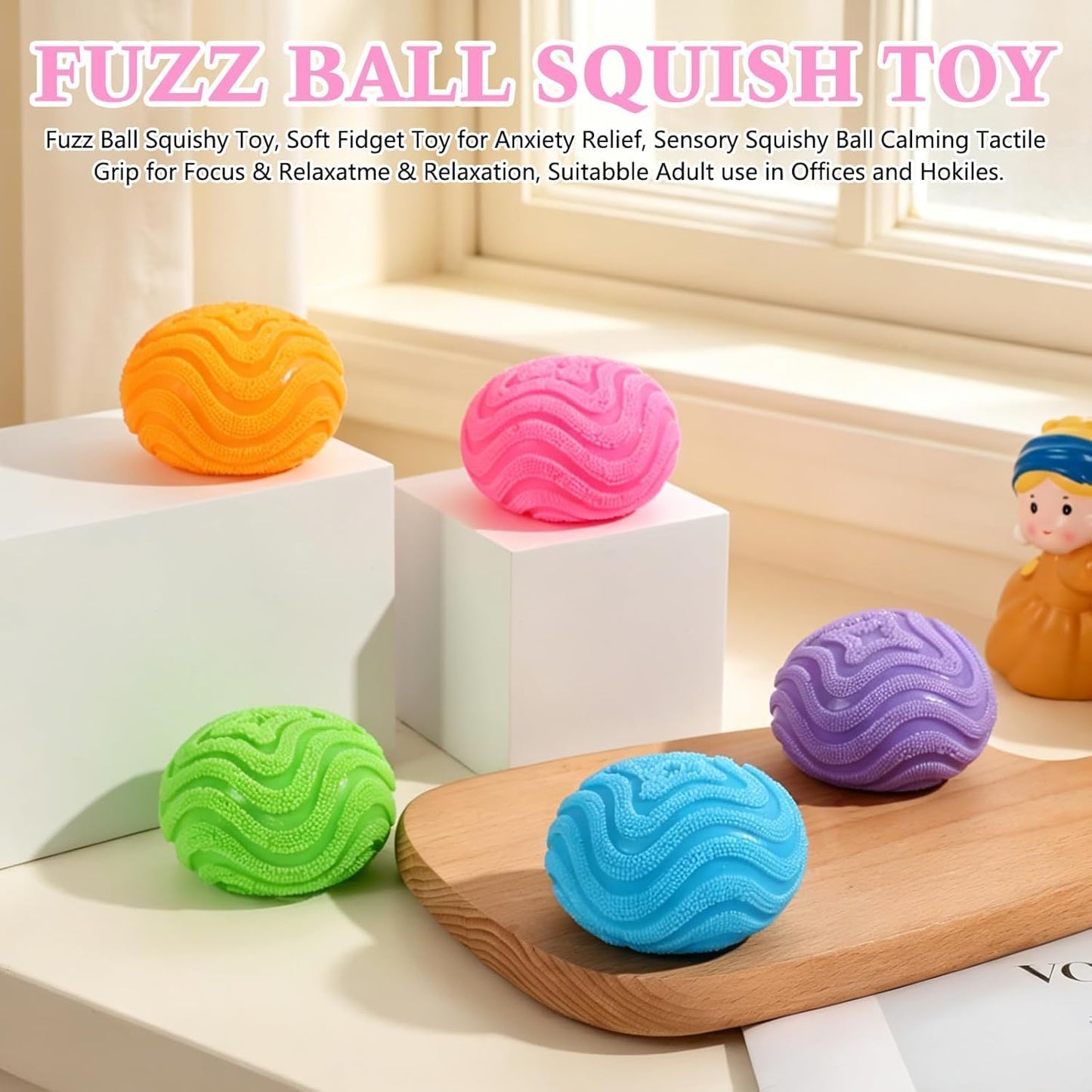 Fuzz Ball Squishy Stress Ball, Slow Rising Memory Foam, Fidget Toy for Adults, Anxiety and Stress Relief (Pink)
