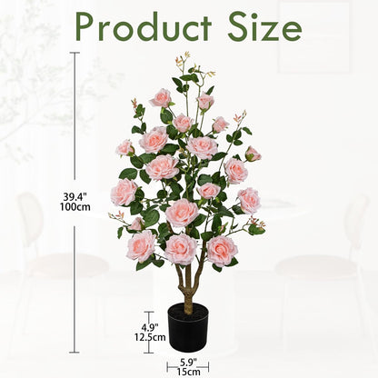 Hollyone Artificial Camellia Tree 3FT Pink Faux Camille Rose Tree in Pot Fake Roses Camellia Plants & Flowers in Vase Fake Potted Flower Plant for Indoor Outdoor Home Front Door Porch Decorations