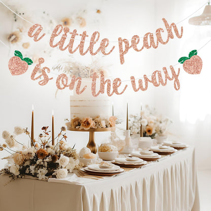 A Little Peach is on the Way Banner Baby Shower/Gender Revel Party Decorations Newborn Baby First Birthday Party Banner Fruit Theme Birthday Banner Rose Gold Glitter
