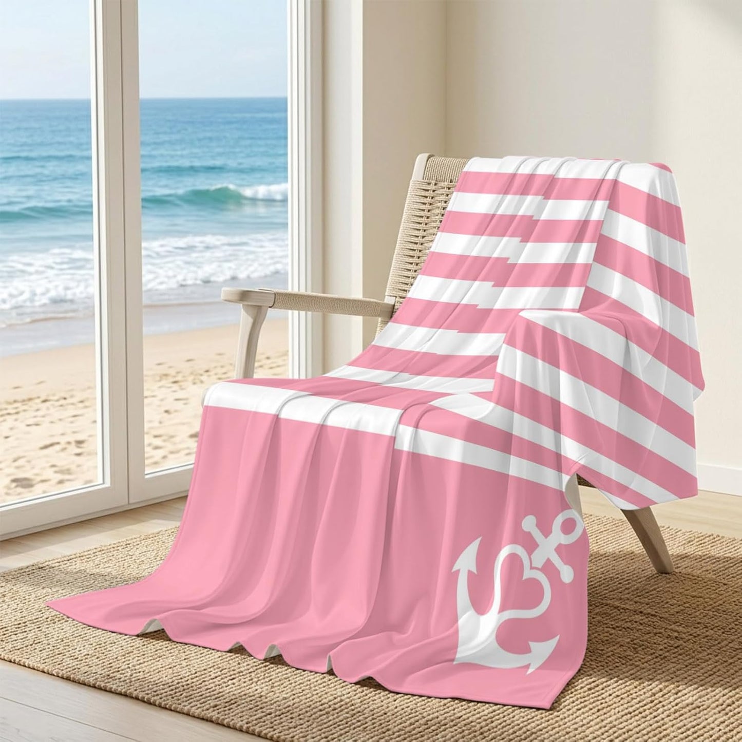 Cooling Blanket 50"x60", White Nautical Anchor on Pink Summer Cooling Blanket Breathable Lightweight Ice Blankets Classic Geometric Striped Blankets for Night Sweats