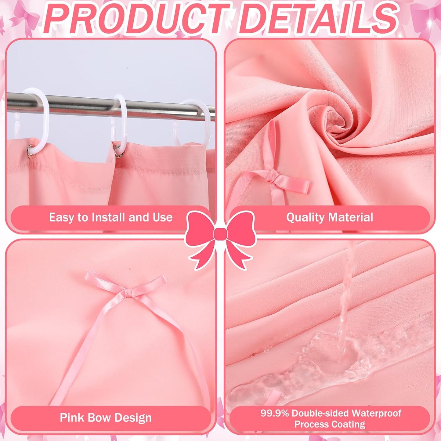 SmoothNovelty Pink Shower Curtain with Bow Bathroom Decor Cute Scalloped Bath Curtain Bowknot Waterproof Aesthetic Bathroom Decor for Valentine's Day Women Girls