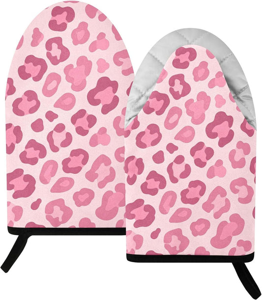 Oven Mitt 2 Pack Set Cute Pink Leopard Print Kitchen Mitts Gloves for for Cooking Baking Grilling