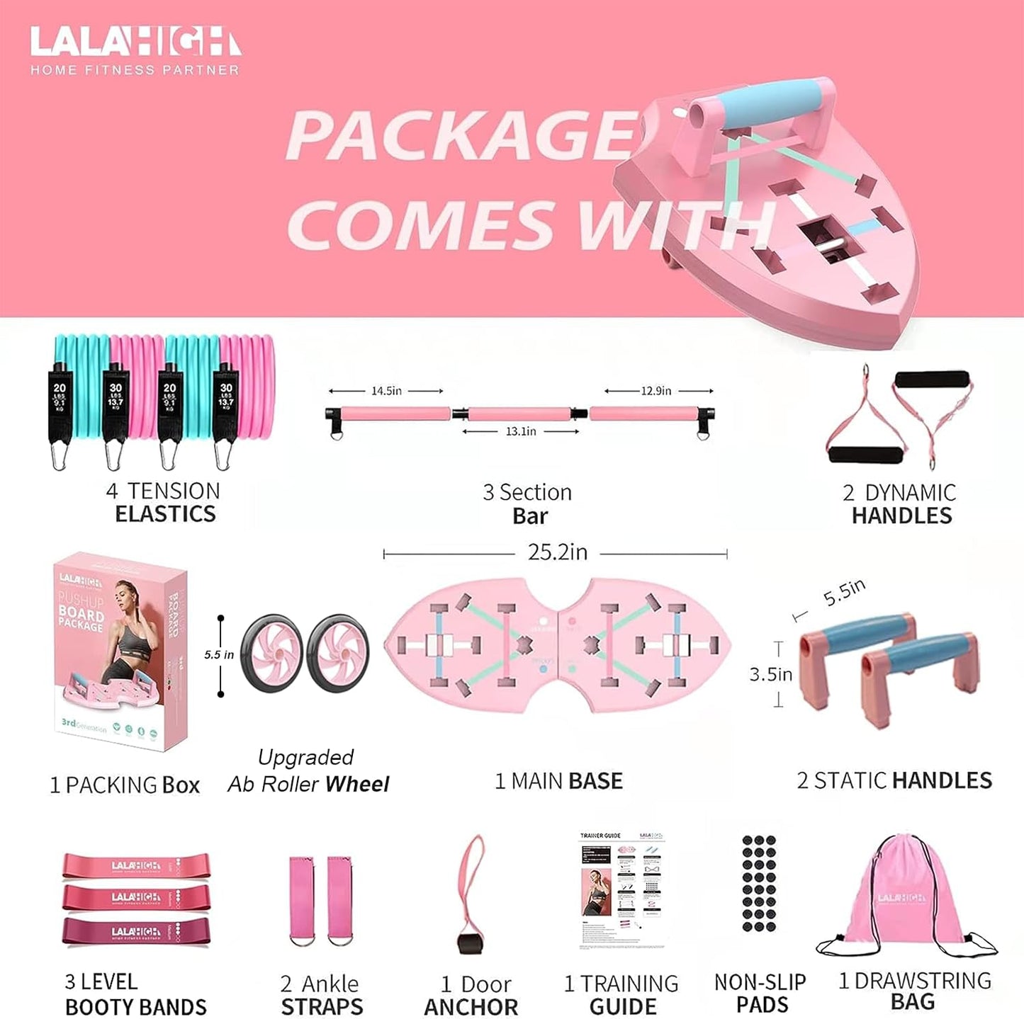 LALAHIGH Push Up Board,36 in 1 Home Gym Equipment with Ab Roller Wheel & Resistance Bands, Portable Foldable Workout Board for Full Body Strength Training Men Women,Gift for Grilfriend
