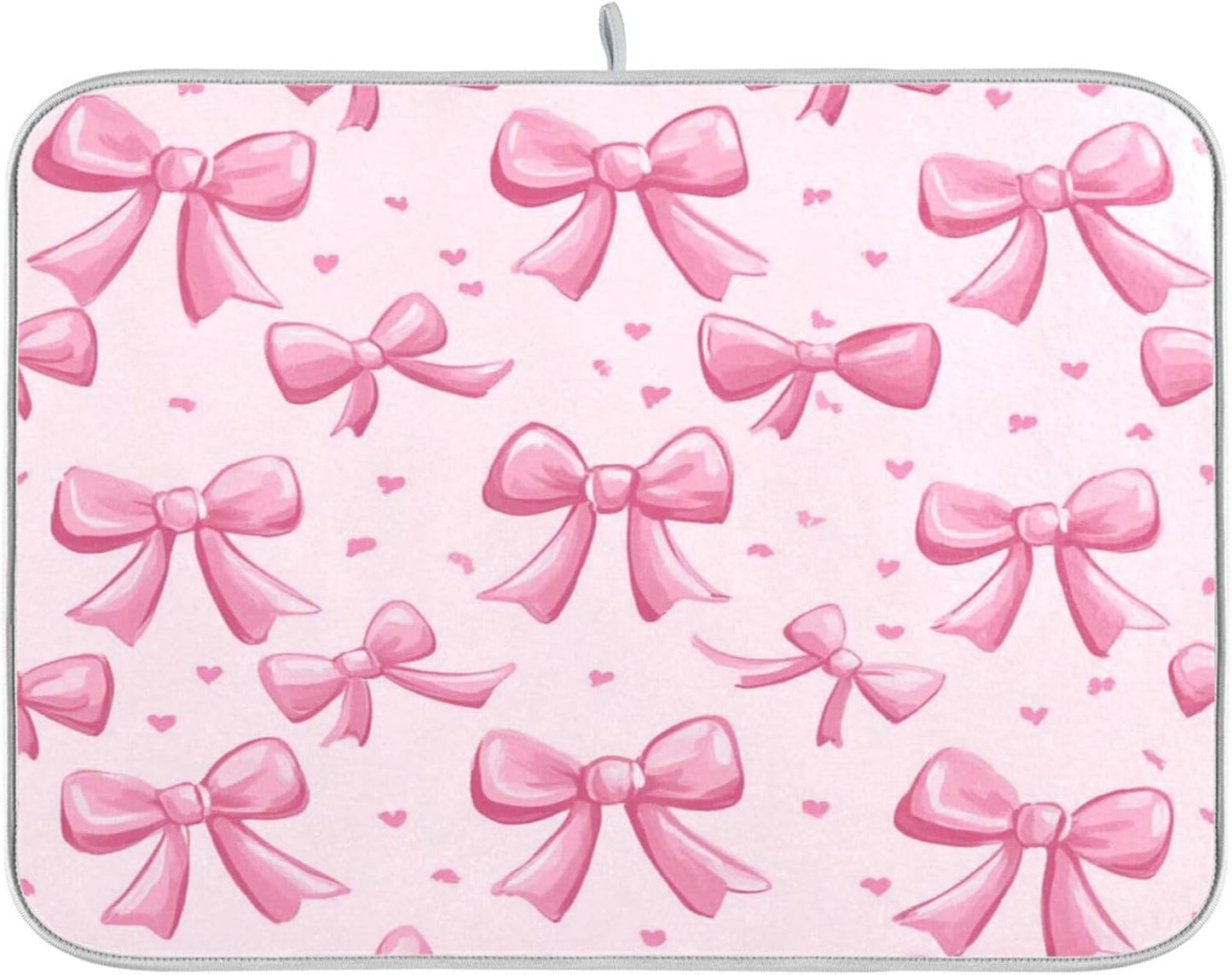 Kcldeci Pink Bows Dish Drying Mat Kitchen Counter Mat Draining Mat Kitchen Accessories Dish Rack Pad for Dishes, Utensils, Countertops, Sinks 18x24in