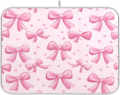 Kcldeci Pink Bows Dish Drying Mat Kitchen Counter Mat Draining Mat Kitchen Accessories Dish Rack Pad for Dishes, Utensils, Countertops, Sinks 18x24in
