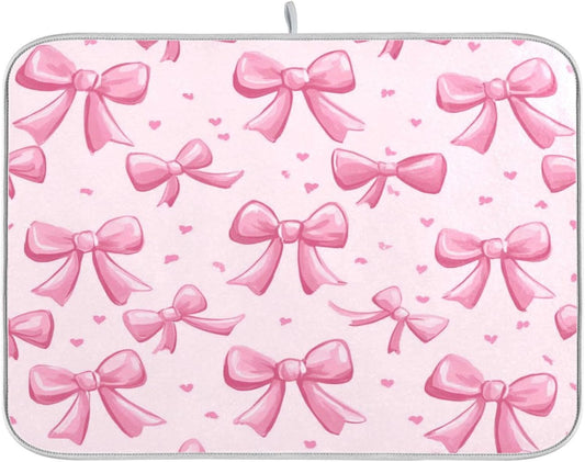 Kcldeci Pink Bows Dish Drying Mat Kitchen Counter Mat Draining Mat Kitchen Accessories Dish Rack Pad for Dishes, Utensils, Countertops, Sinks 18x24in