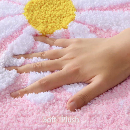 QJHOMO Toilet Rugs U Shaped, Pink Toilet Mat Cute Daisy Contour Bath Rug 20"x20", Extra Thick Soft Machine Washable Toilet Carpet, Non Slip Bathroom Floor Mats Super Absorbent Microfiber Bath Rugs