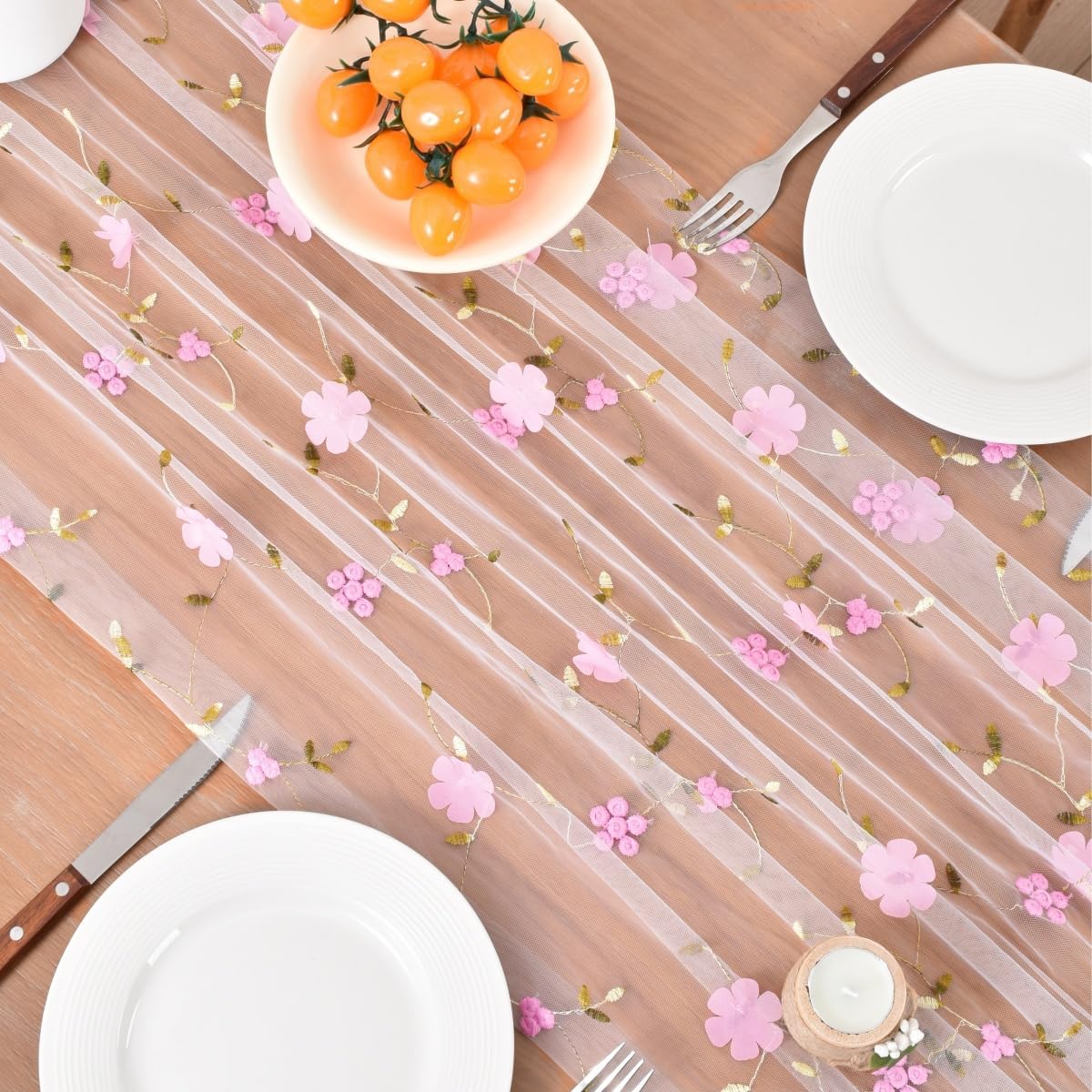 Joanlody Pink Floral Table Runner 10ft Embroidery Wildflowers Summer Seasonal Rustic Gauze Runner for Baby Shower Wedding Party Holiday Home Kitchen Dining Table Decor