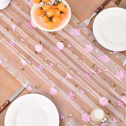 Joanlody Pink Floral Table Runner 10ft Embroidery Wildflowers Summer Seasonal Rustic Gauze Runner for Baby Shower Wedding Party Holiday Home Kitchen Dining Table Decor