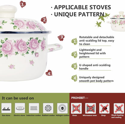 Retro Flower Enamel Stockpot with Lid,Stockpots for Cooking (Rose pink -3QT)