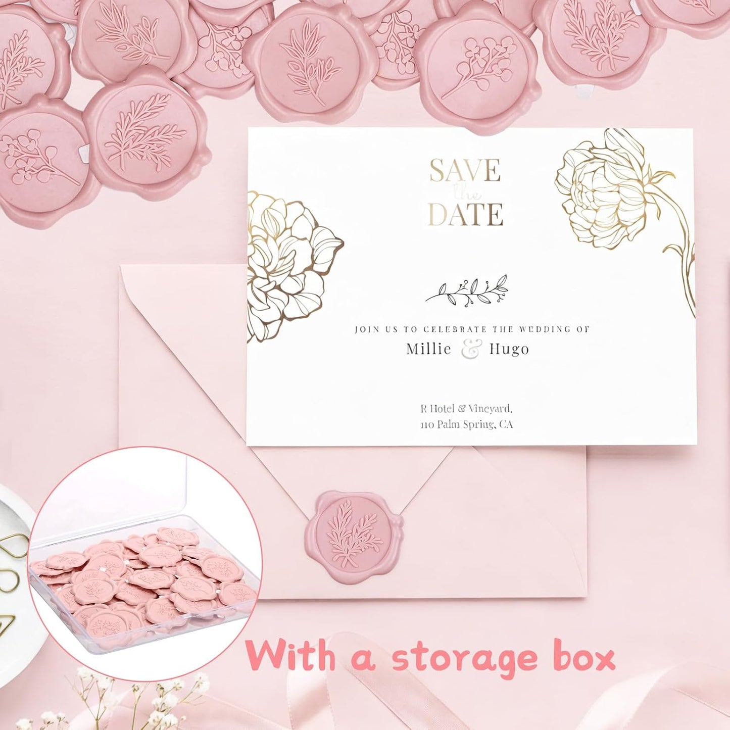 60Pcs Wax Seal Stickers, Wedding Invitation Envelope Seal Stickers Adhesive Backed Blush Pink for Wedding, Party,Valentine's Day,Mother's Day,Gift Wrapping (4 Leaf Styles)