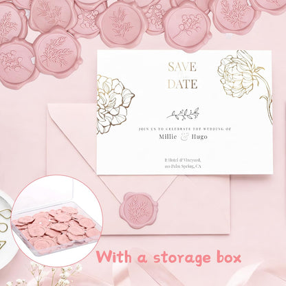 60Pcs Wax Seal Stickers, Wedding Invitation Envelope Seal Stickers Adhesive Backed Blush Pink for Wedding, Party,Valentine's Day,Mother's Day,Gift Wrapping (4 Leaf Styles)