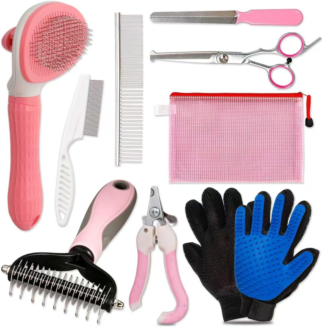 Dog Brush for Shedding 10 Pcs Set, Pet Grooming Kit Tools Pet Nail Clippers Nail Files Flea Comb, Pet Undercoat Long Hair Brush Suitable for Dogs and Cats (Pink) | dog grooming brush, pet grooming brush, cat deshedding brush