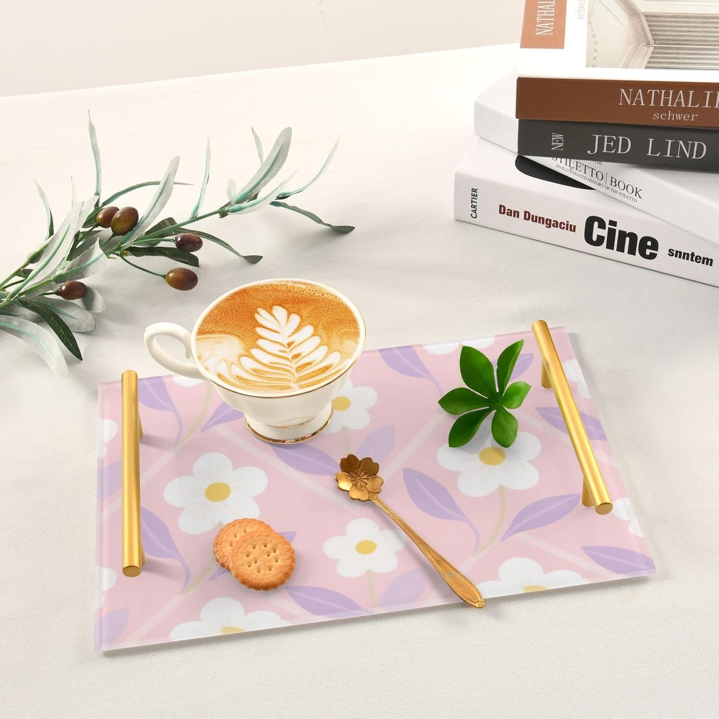 Light Pink White Flower Decorative Kitchen Trays with Handles Large Serving Tray for Jewelry Perfume for Living Room Entryway Bedroom