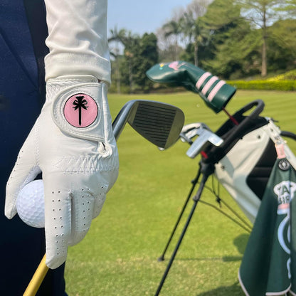 PINKTEE Women's Golf Glove Left Hand Ladies Pink Cabretta Leather Golf Gloves with Removable Magnetic Ball Marker Full Finger