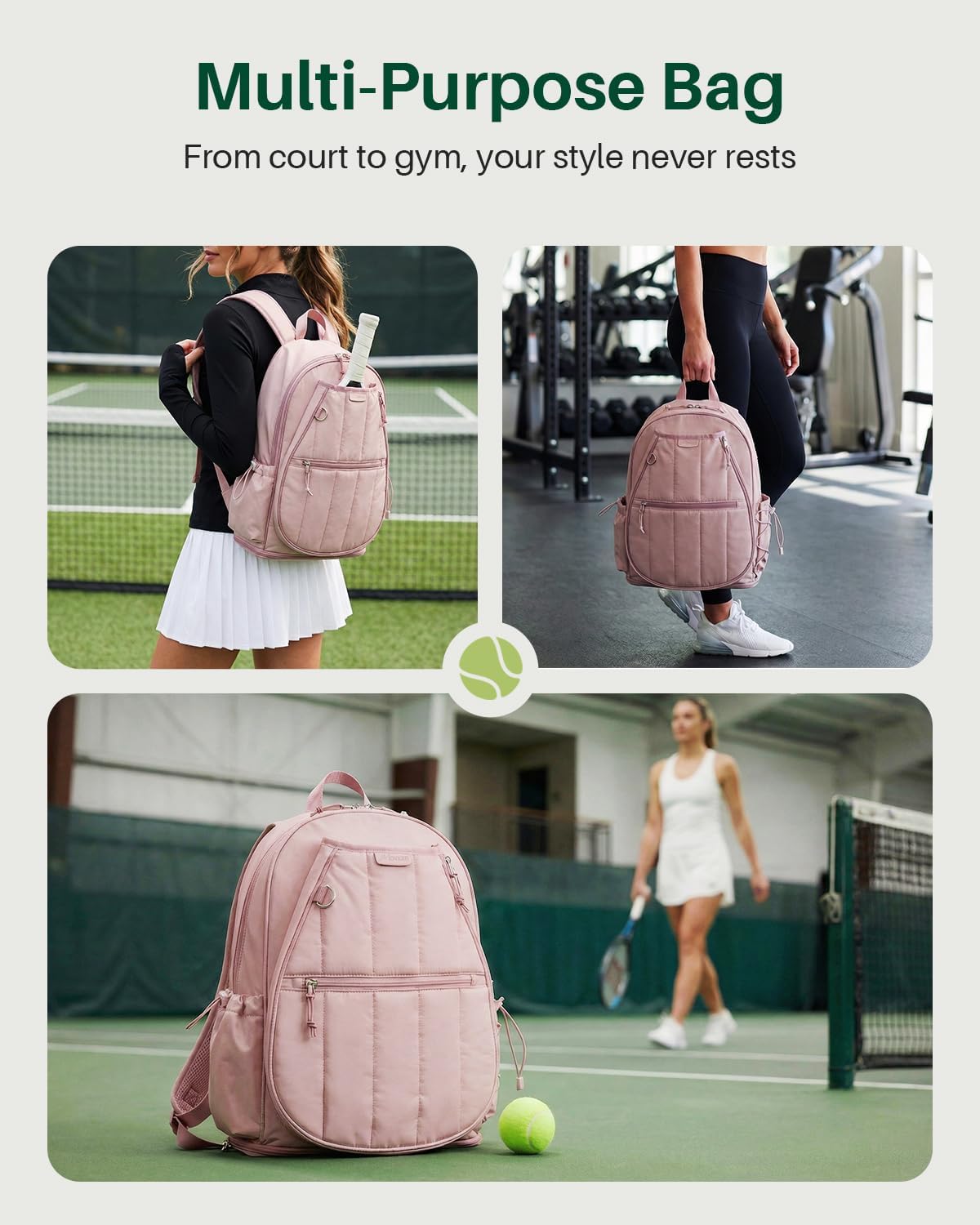 Quilted Tennis Gym Backpack for women Tennis Bag Holds 2 Rackets with Top Panel & Ventilated Shoe Compartment Sports Duffle Bags with Wet Pocket & Fence Hook