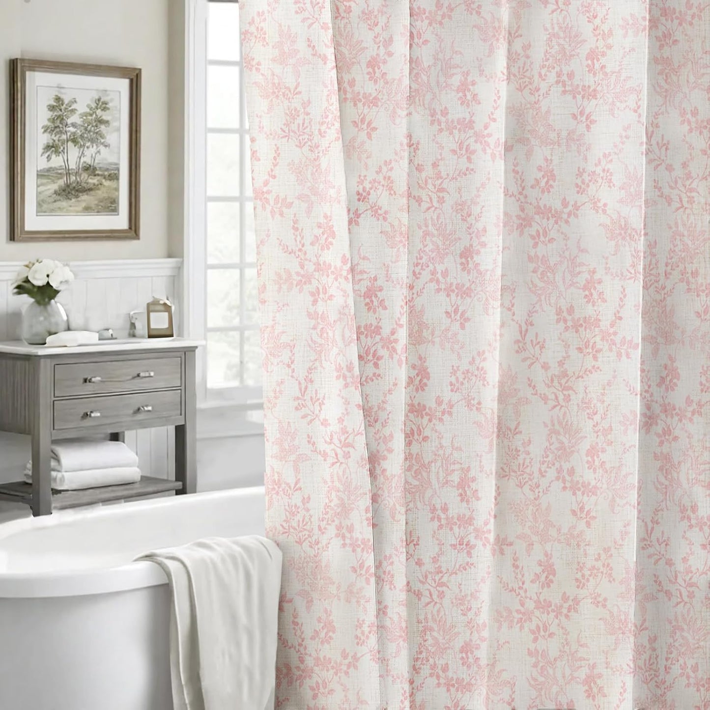 Pink Cotton Waterproof Shower Curtain, Farmhouse Elegance Floral Shower Curtains for Bathroom Decor, Chic Fabric Cloth Flower Leaves Shower Curtain 72" W x 72" L