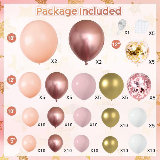 Blocesa Rose Gold Balloon Garland Kit, Nude Pastel Pink Metallic Gold Matte White Balloons Gold and Rose Gold Confetti Balloons for Girl Birthday Coquette Party Wedding Bridal Shower Decorations