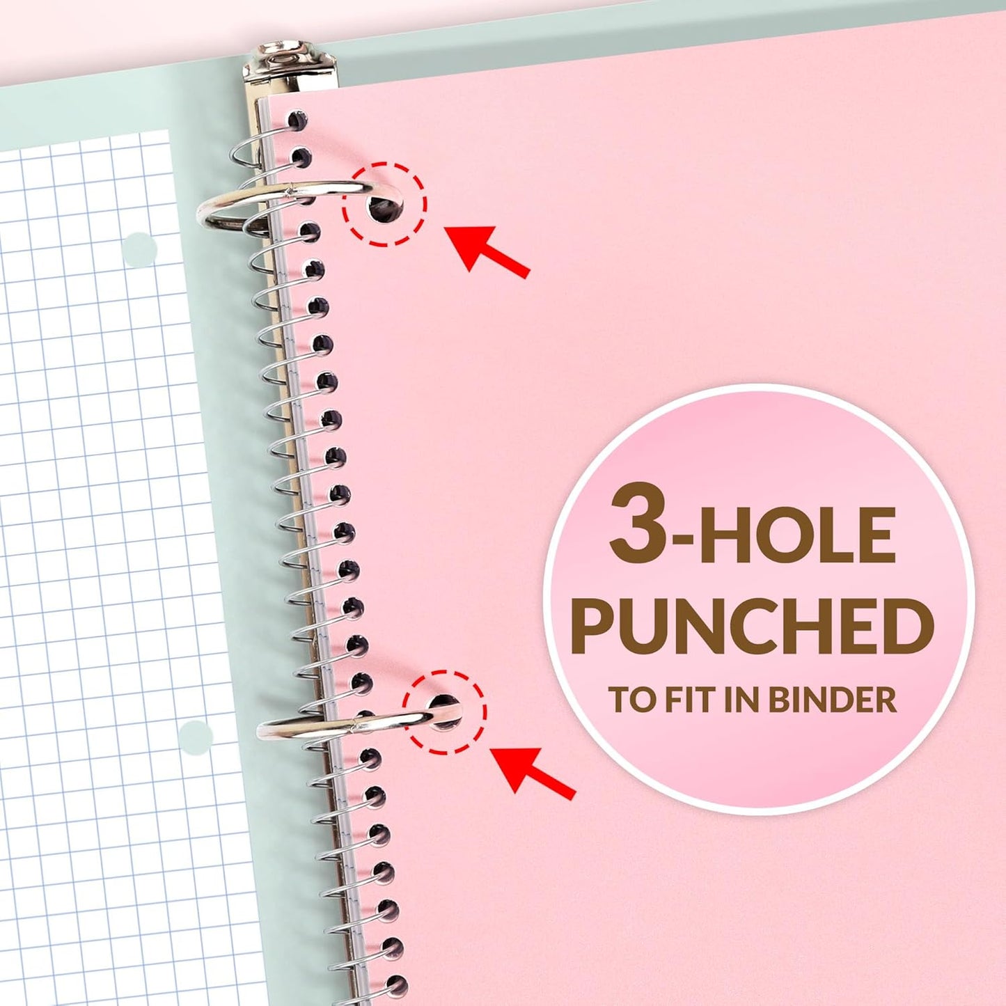 SUNEE Spiral Notebook, 1-Subject, Graph Ruled Paper, 8" x 10-1/2", 100 Sheets per Notebook, 3-Hole Punched Paper, Water Resistant Cover, Spiral Grid Notebooks for Work, Home, School, Writing, Pink