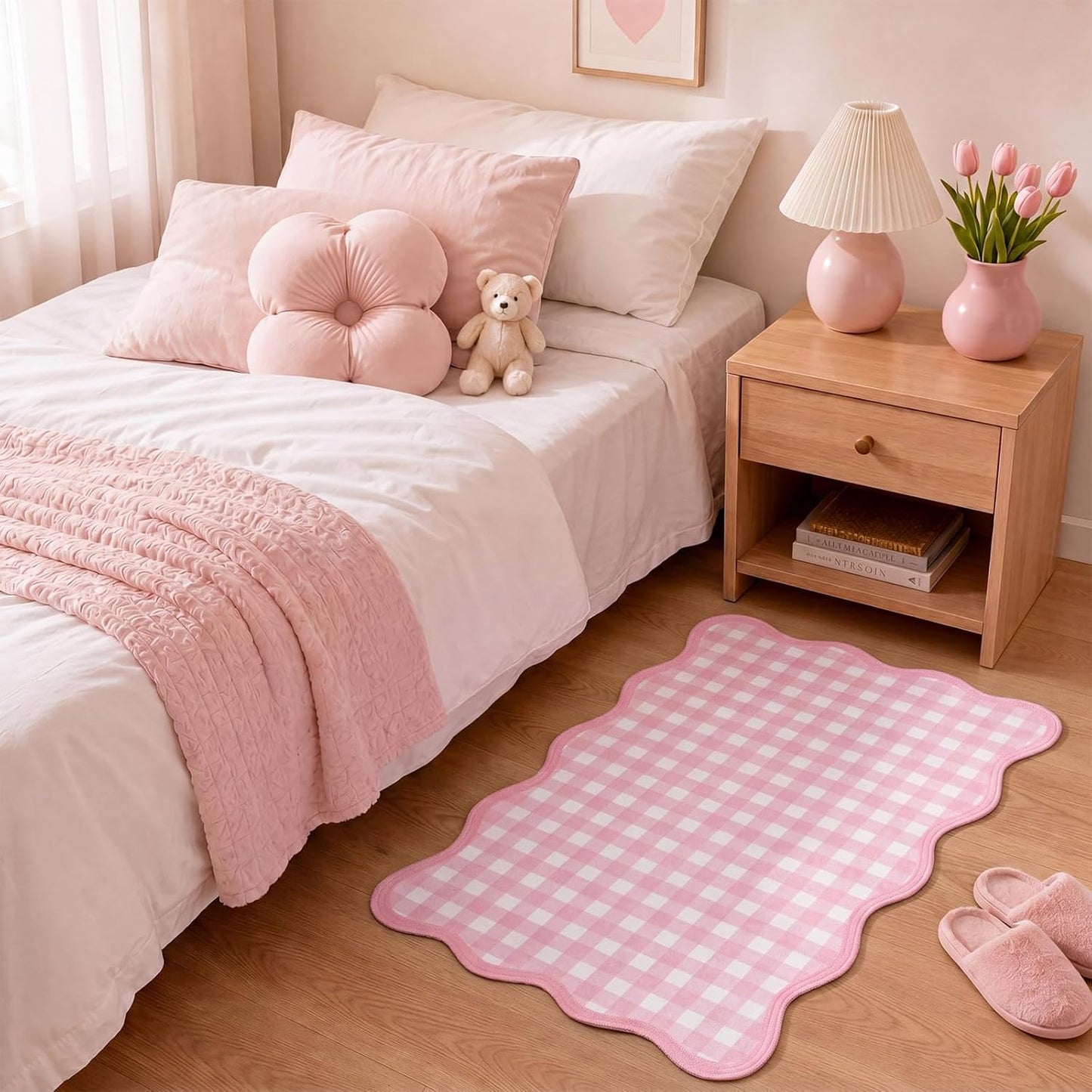 Breling Pink and White Scalloped Plaid Entryway Rug 16.5 x 27.5 Buffalo Checkered Indoor Mat Washable Non-Slip Gingham Door Rug for Entryway Entrance Bedroom Kitchen Living Room Decor