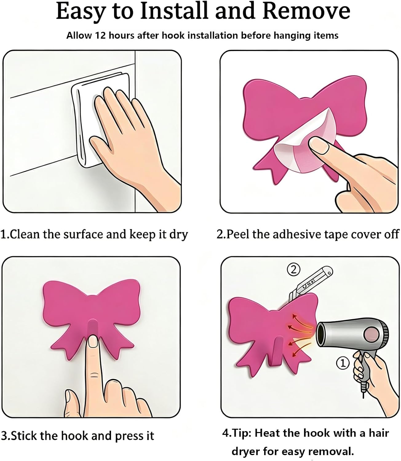 Cute Bow Knot Wall Hook, 8-Pack Pink Adhesive Hooks, Small Decorative Accessories, Stainless Steel Rack, Decor Hangers for Hanging Purse, Keys, Bags, Hats, Towels, Clothes