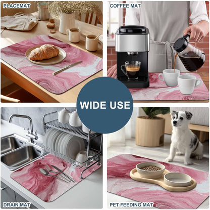 Pink Marble Dish Drying Mat for Kitchen Counter, Absorbent Quick Dry Coffee Bar Mat Pad Thin Diatomaceous Sink Mats, Summer Ocean Wave Red Ombre Non Slip Dish Drainer Mats 16''x24''