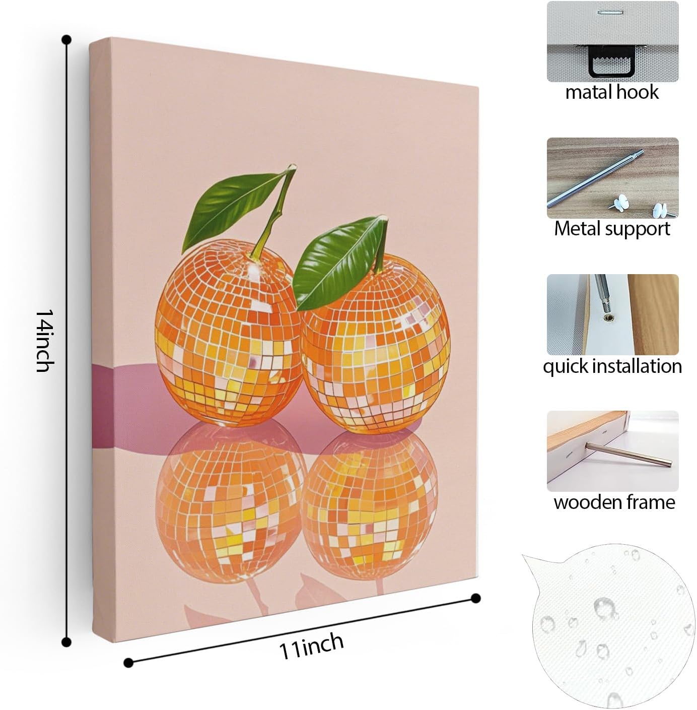 APJYM Funky Y2K Disco Ball Orange Wall Art, Trendy Retro 70s Preppy Pink Girly Orange Aesthetic Canvas Wall Art for Girls Room Bedroom Dorm Apartment Decor, 11x14 Inches Framed