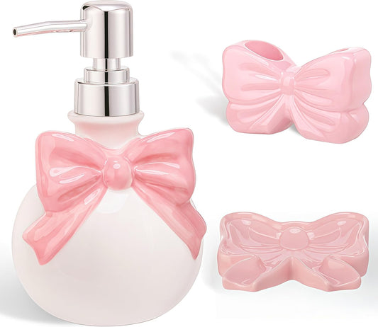 Pink Bow Ceramic Bathroom Accessories Set 3 Pcs for Countertop, Soap Dispenser, Toothbrush Holder, Soap Holder, Bathroom Sink Decor for Modern Home Decor