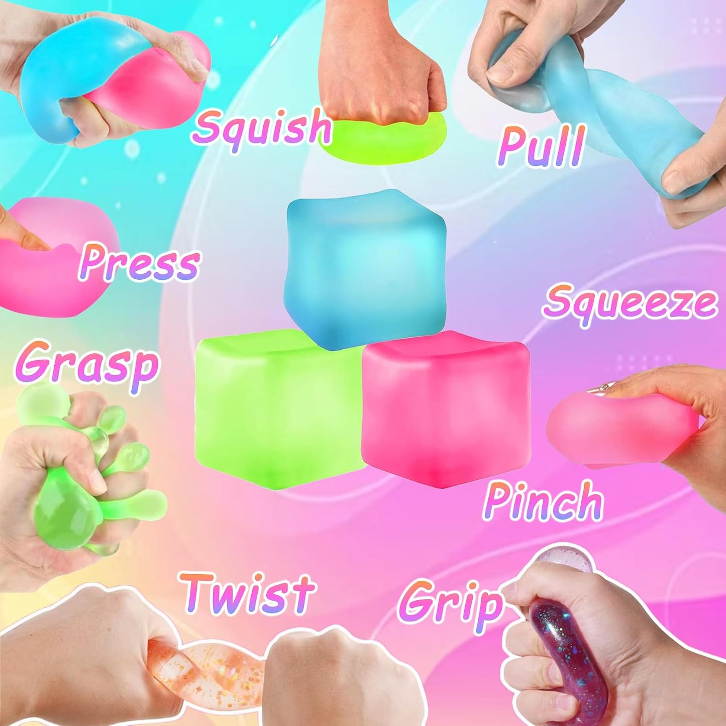 3Pcs Stress Cube Squishy Toys, Slow Rising Ice Cube Stress Balls, Sensory Fidget Toys for Anxiety Relief, Sensory Ice Cube Gel Filled Squishy Ball Toys for ADD/ADHD Kids Adults(Blue, Green, Pink)