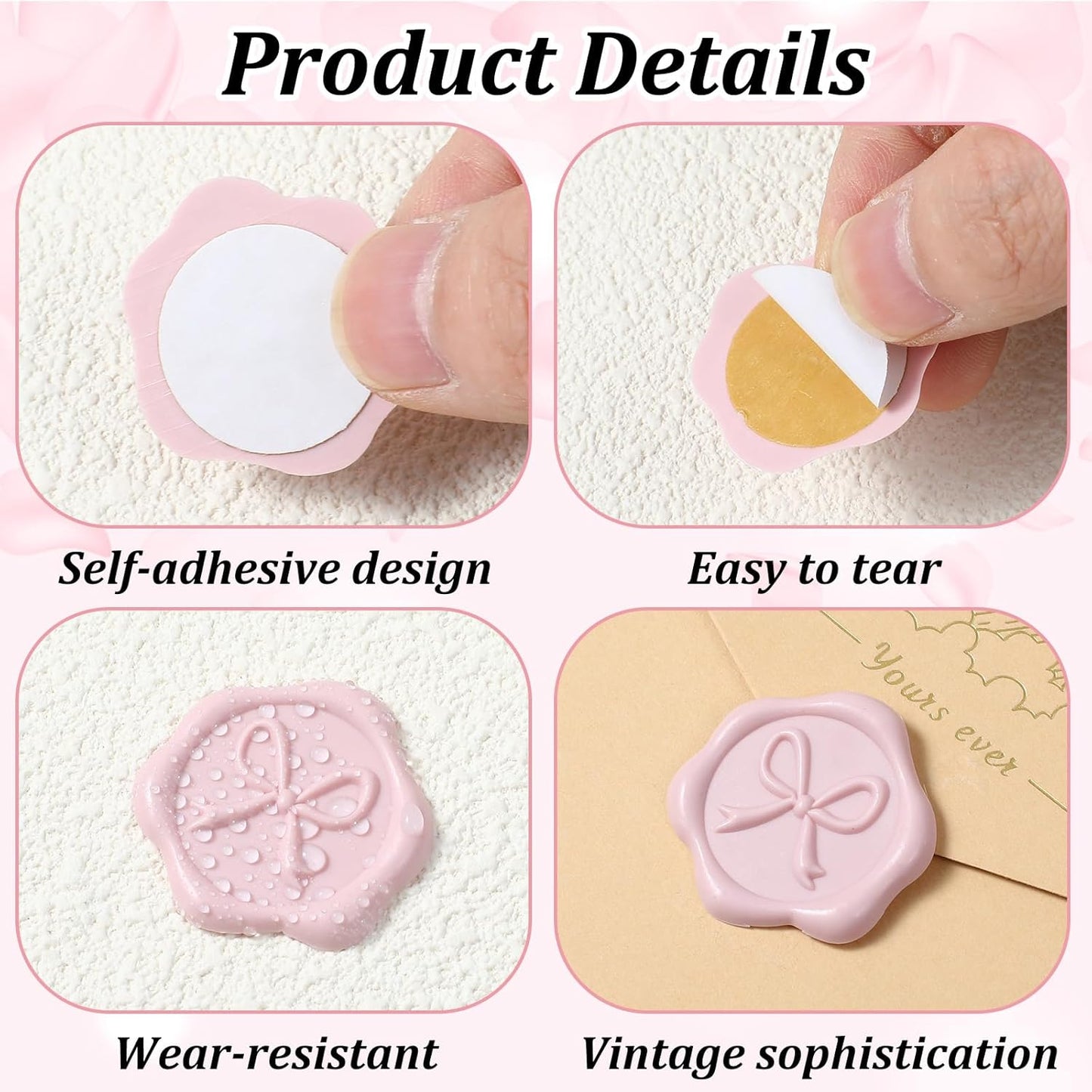 50 Pcs Bow Wax Seal Stickers Envelope Wax Stickers for Wedding 3D Adhesive Antique Gold Waxs Stamp Sticker Decals for Invitation Baby Shower Greeting Cards Gift Wrapping(Pink)