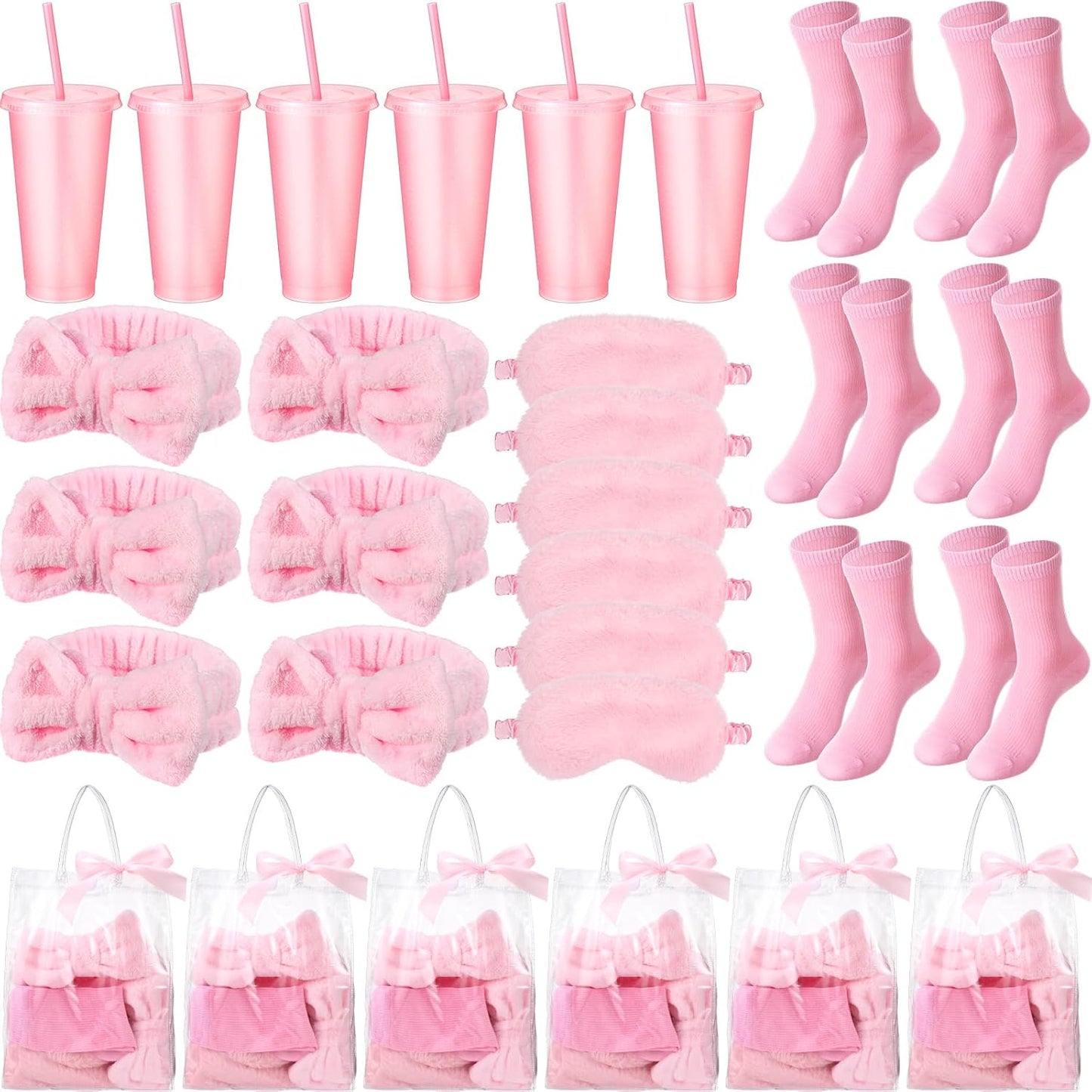 Suncalla 31 Pcs Spa Party Favors Sleepover Party Supplies Pink Bow Spa Headbands Eye Masks Socks Glitter Cups Gift Bag with Ribbon for Women Wedding Bridal Shower Bridesmaid Gifts Graduation Gift