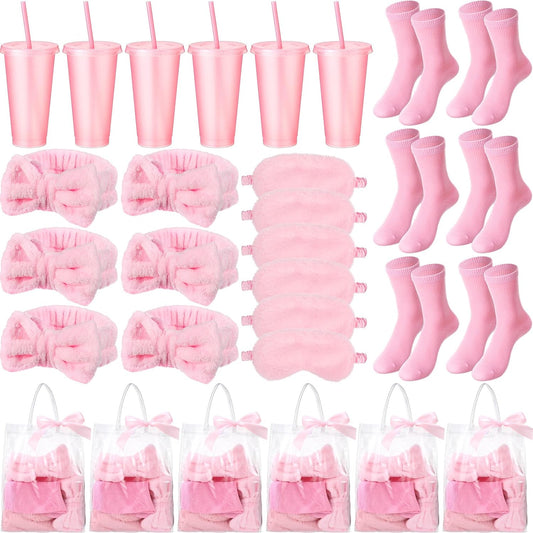 Suncalla 31 Pcs Spa Party Favors Sleepover Party Supplies Pink Bow Spa Headbands Eye Masks Socks Glitter Cups Gift Bag with Ribbon for Women Wedding Bridal Shower Bridesmaid Gifts Graduation Gift