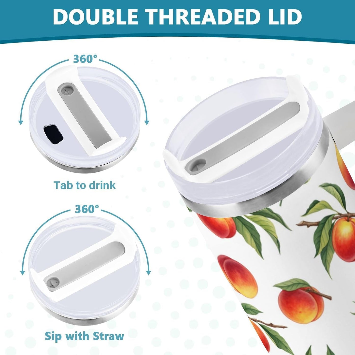 40 oz tumbler with handle and straw Peaches Branch Pattern Stainless Steel Tumbler Leakproof Water Bottle Vacuum Insulated Cups With Lid Travel Mug For Car Cup Holder,