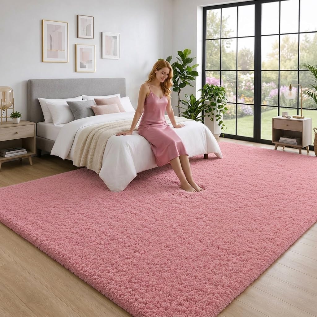 6x9 Ft Blush Pink Fluffy Area Rugs for Girls Bedroom, Ultra Soft Large Shag Furry Carpet with Non-Slip Backing, Cozy Fuzzy Plush Nursery, Living Room & Dorm Decor Rug