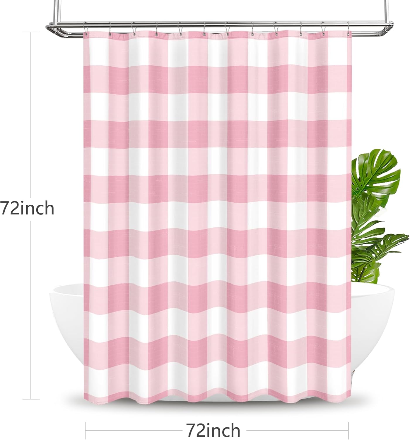Tititex Classic Gingham Plaid 140gsm Faux Linen Fabric Shower Curtain, Pink Buffalo Grid Shower Curtain Sets Decoration 72x72 Inch with Hooks