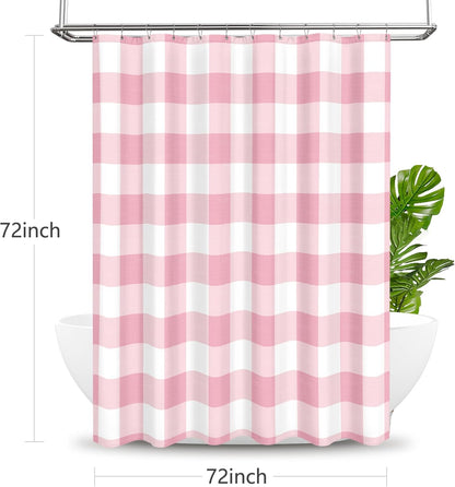 Tititex Classic Gingham Plaid 140gsm Faux Linen Fabric Shower Curtain, Pink Buffalo Grid Shower Curtain Sets Decoration 72x72 Inch with Hooks