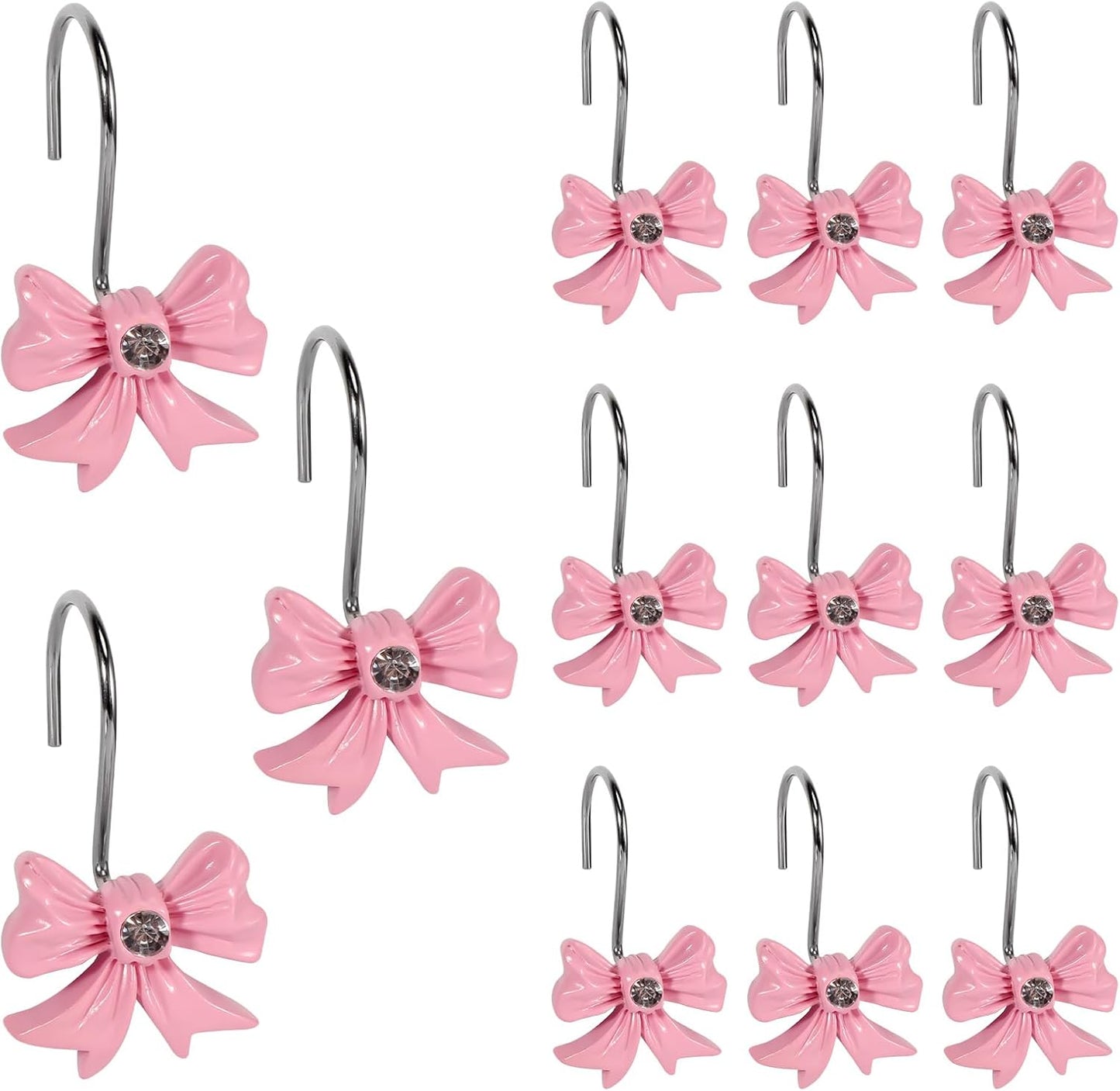 12 Pcs Bow Shower Curtain Hooks, Bow Design Resin Rustproof Bathroom Curtain Hook Decoration, Decorative Accessories for Shower Rings in Girls' Bathrooms (Pink)