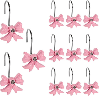 12 Pcs Bow Shower Curtain Hooks, Bow Design Resin Rustproof Bathroom Curtain Hook Decoration, Decorative Accessories for Shower Rings in Girls' Bathrooms (Pink)