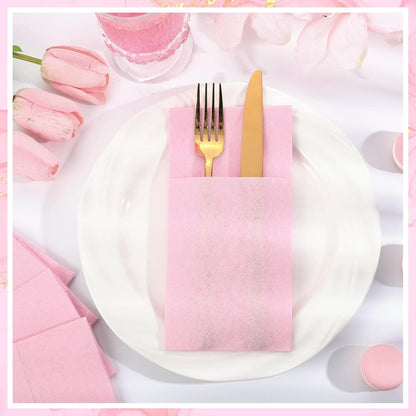 60 Pcs Pink Linen-Feel Paper Napkins with Built-in Flatware Pocket, Pocket Linen Napkin Prefolded Cloth Like Paper Napkins Bulk for Girls Birthday Baby Bridal Shower Tea Party Wedding