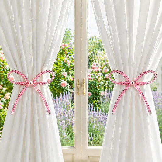Novabright 2 Pack Pink Crystal Bow Magnetic Curtain Tiebacks Beaded Magnetic Decorative Curtain Holders and Holdback Clips No Drill Beaded Drapery Holdbacks for Bedroom & Coquette Room Decor