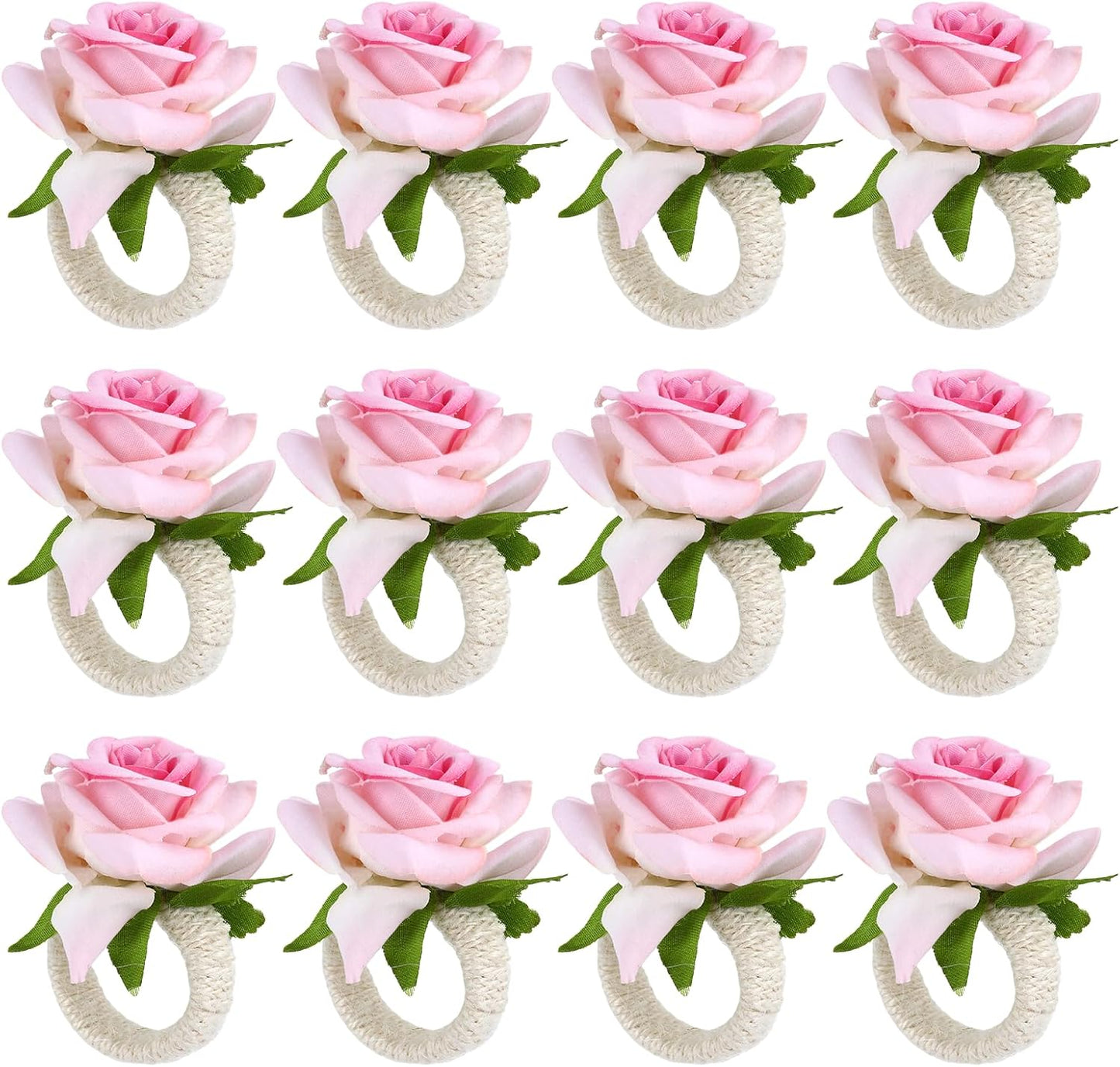 12 Pcs Pink Napkin Rings with Rose Design, Elegant Flower Napkin Rings for Wedding Banquet Party and Table Decor Arrangements Birthday Christmas Valentine's Thanksgiving Dinners (Pink Rose)