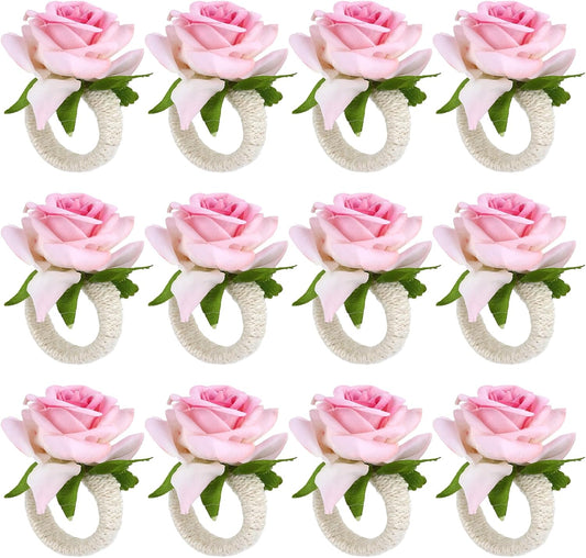 12 Pcs Pink Napkin Rings with Rose Design, Elegant Flower Napkin Rings for Wedding Banquet Party and Table Decor Arrangements Birthday Christmas Valentine's Thanksgiving Dinners (Pink Rose)