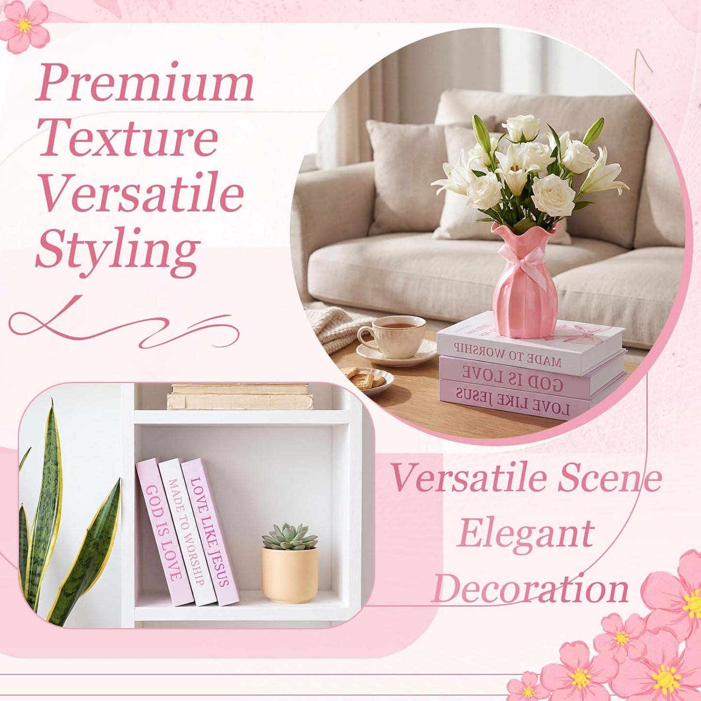 Novabright 4 Pcs Pink Bow Decorative Books and Vase Set, Coquette Room Decor Christian Preppy Fake Books Magnetic Storage Box Bible Verse Scripture Gifts Cute Faux Book Stack for Bookshelf Home Decor
