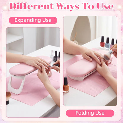Novabright Nail Arm Rest with 50 Disposable Manicure Mats, Foldable PU Leather Hand Cushion and 3-Ply Absorbent Table Pads with PE Backing, Nail Tech Supplies for Salon Desk(Pink)