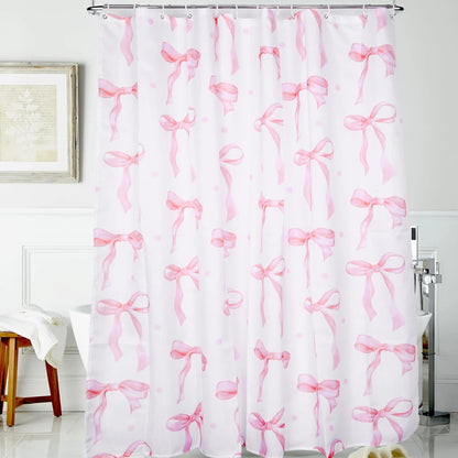 Cute Pink Bow Shower Curtain, Bow Pink Shower Curtain Cute Fabric for Bathroom Aesthetic Cloth Set with Hooks Butterfly Knot Bathroom Home Decor for Girls Women 71 x 71 Inch