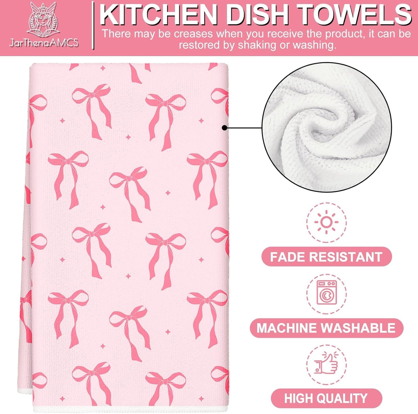 JarThenaAMCS Pink Bow Kitchen Towel Cute Bowknot Dish Towel 18 x 28 Inch Hand Drying Tea Towel for Valentine's Day Bathroom Decor Cooking Baking Party Supplies, 2 Pcs