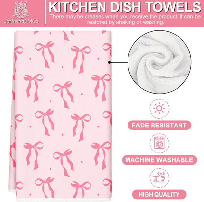 JarThenaAMCS Pink Bow Kitchen Towel Cute Bowknot Dish Towel 18 x 28 Inch Hand Drying Tea Towel for Valentine's Day Bathroom Decor Cooking Baking Party Supplies, 2 Pcs