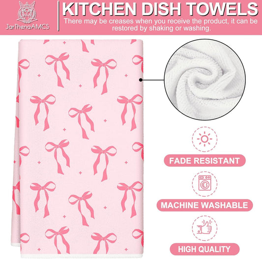 JarThenaAMCS Pink Bow Kitchen Towel Cute Bowknot Dish Towel 18 x 28 Inch Hand Drying Tea Towel for Valentine's Day Bathroom Decor Cooking Baking Party Supplies, 2 Pcs