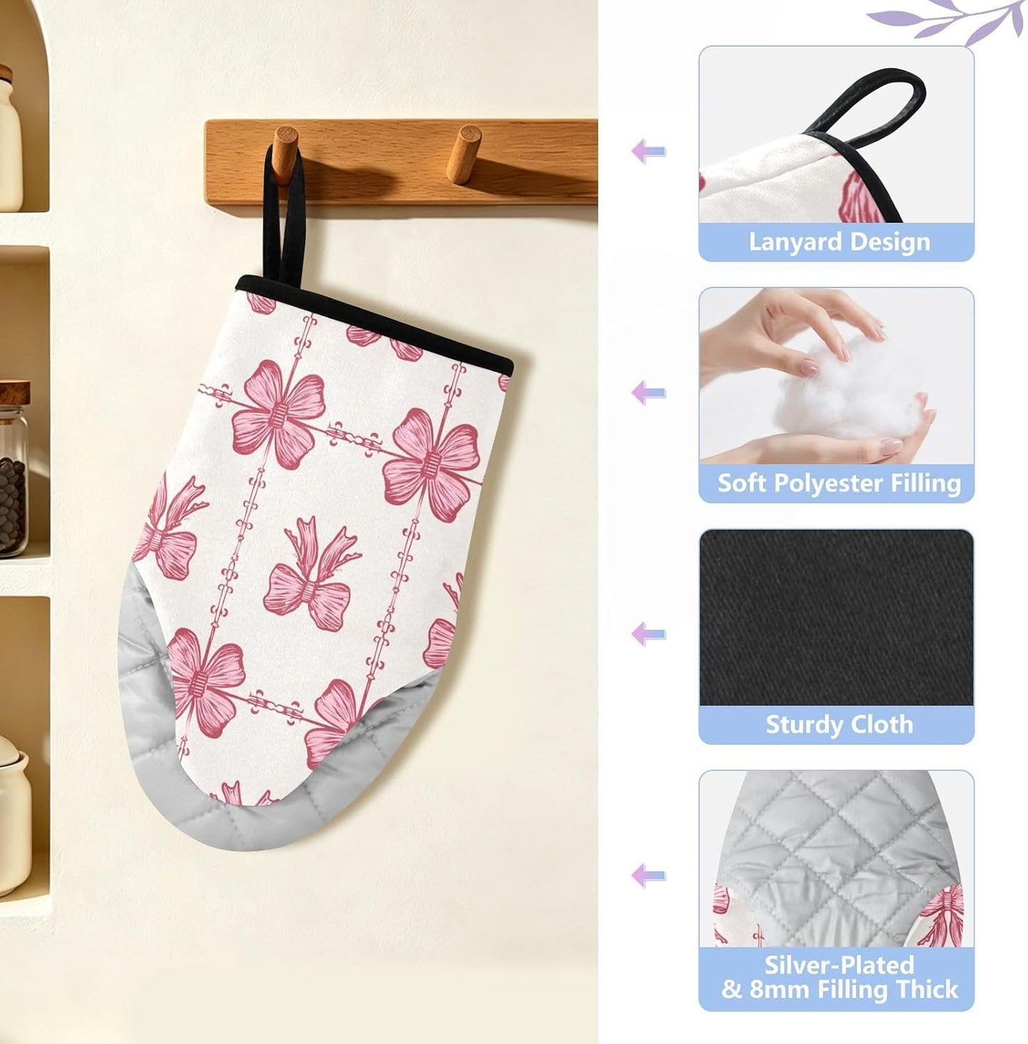 Oven Mitt 2 Pack Set Pink Bow Pattern Seamless Kitchen Mitts Gloves for for Cooking Baking Grilling
